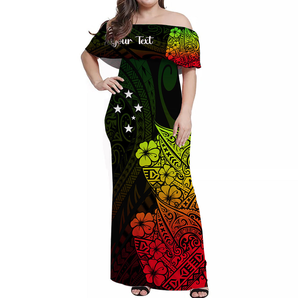 Off-shoulder maxi dress with black, green, yellow, red tropical floral and star print