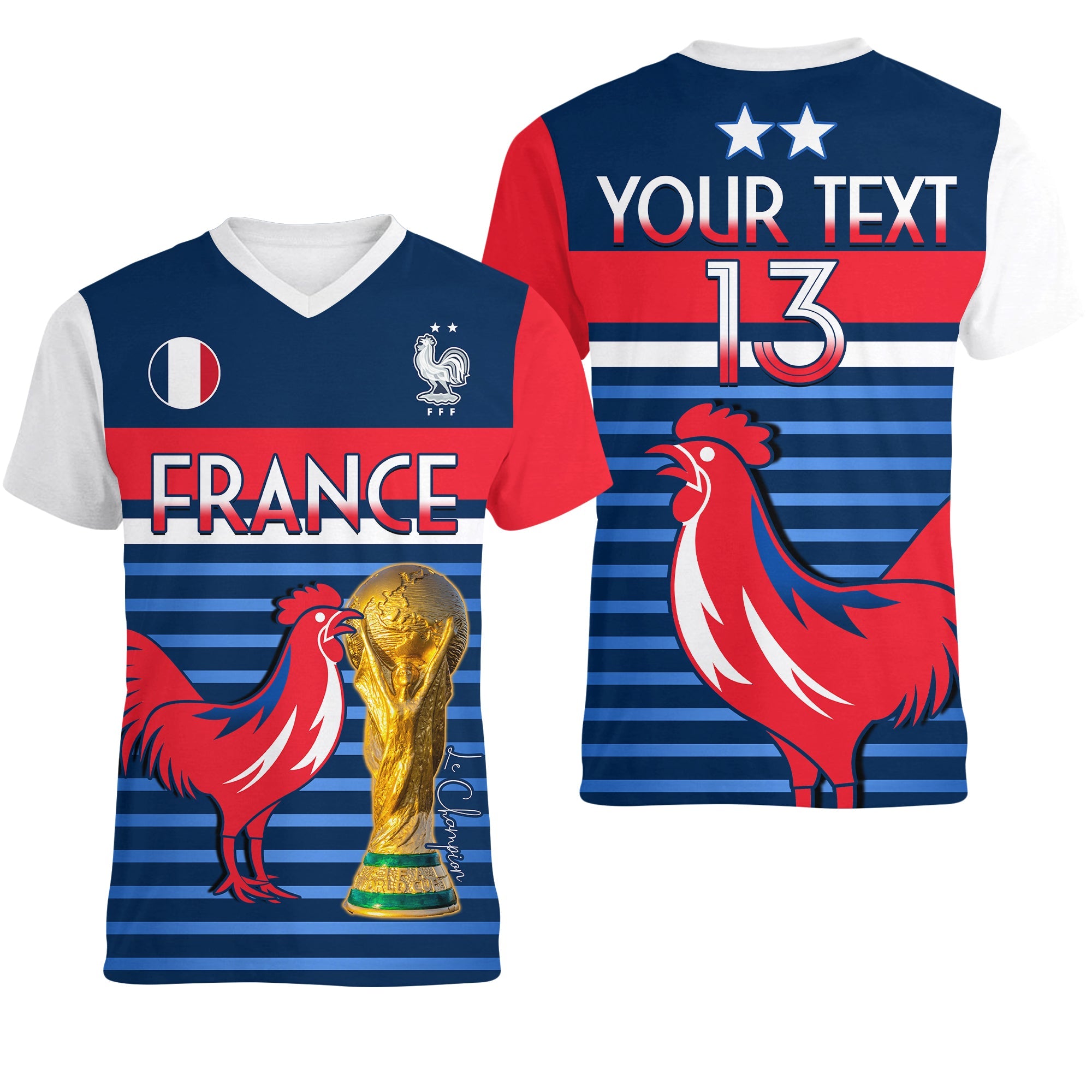 Custom France Football The Blues V Neck T Shirt Les Bleus Le Champion 2022 World Cup LT13 - Wonder Print Shop