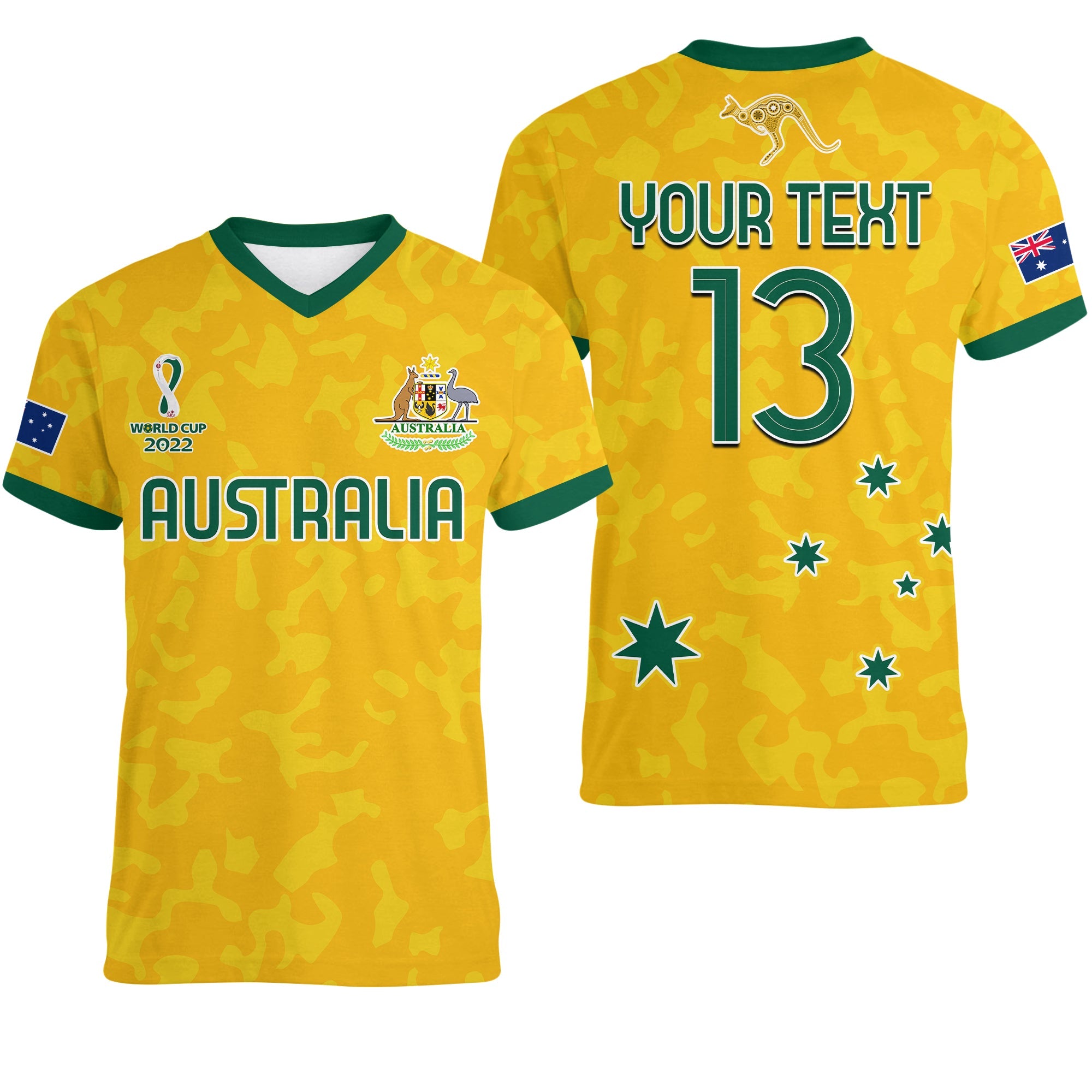 Custom Australia Soccer V Neck T Shirt World Cup Football 2022 Socceroos with Kangaroos LT13 - Wonder Print Shop