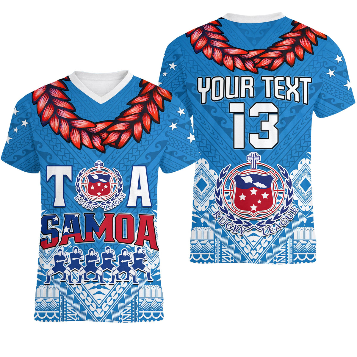 Blue V-neck rugby T-shirt with red feather garland and crest graphic, short sleeves.