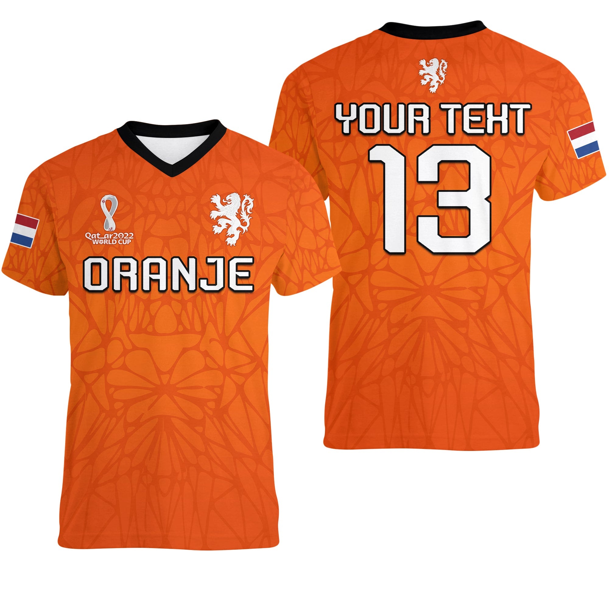 custom-text-and-number-netherlands-football-v-neck-t-shirt-2022-soccer-world-cup-oranje-champions