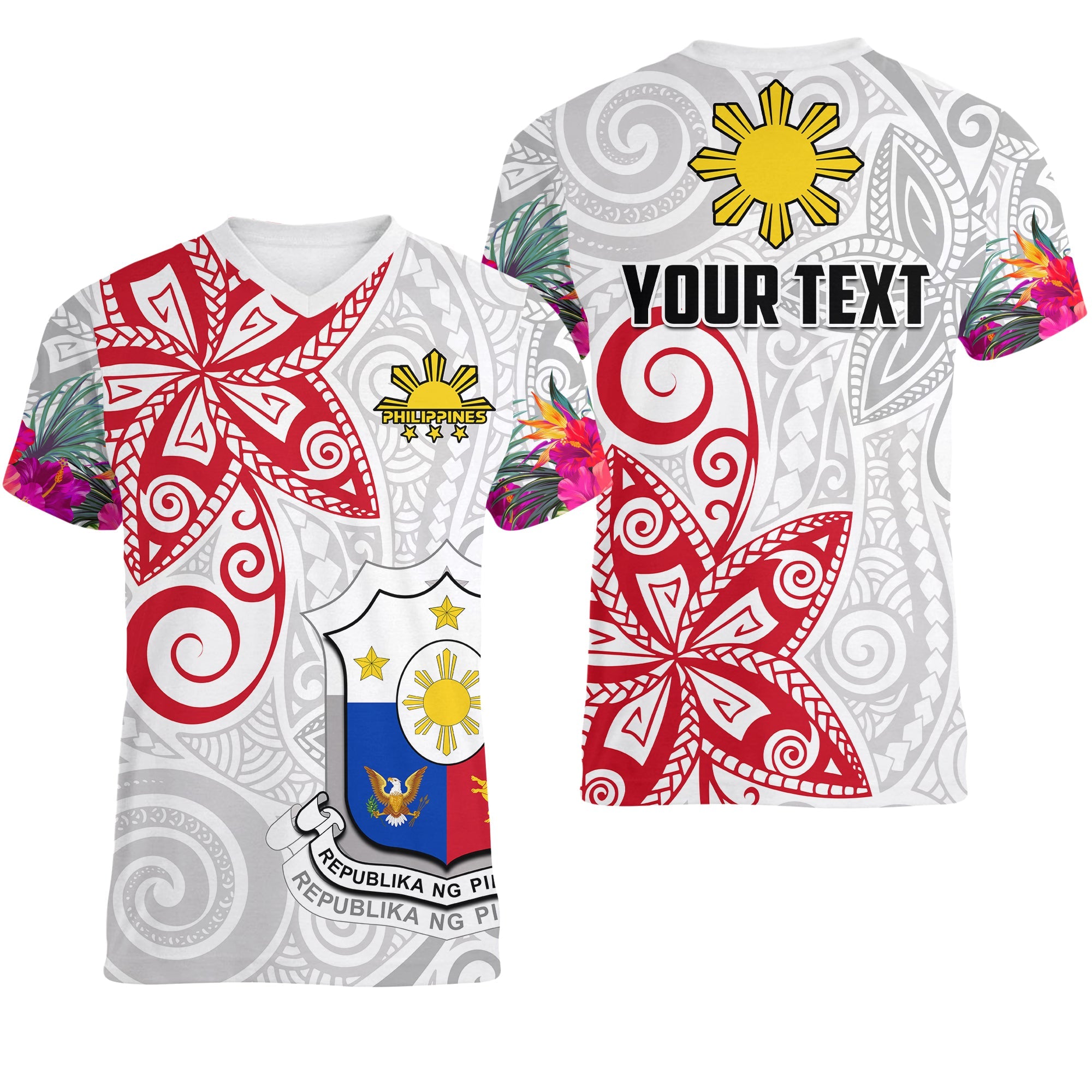 custom-personalised-philippines-v-neck-t-shirt-sun-filipino-polynesian-mix-flowers-white-vibe