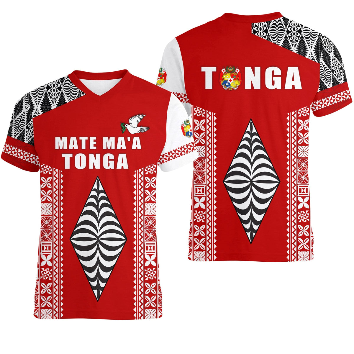 Red v-neck rugby T-shirt with Mate Ma'a Tonga chest text and emblem