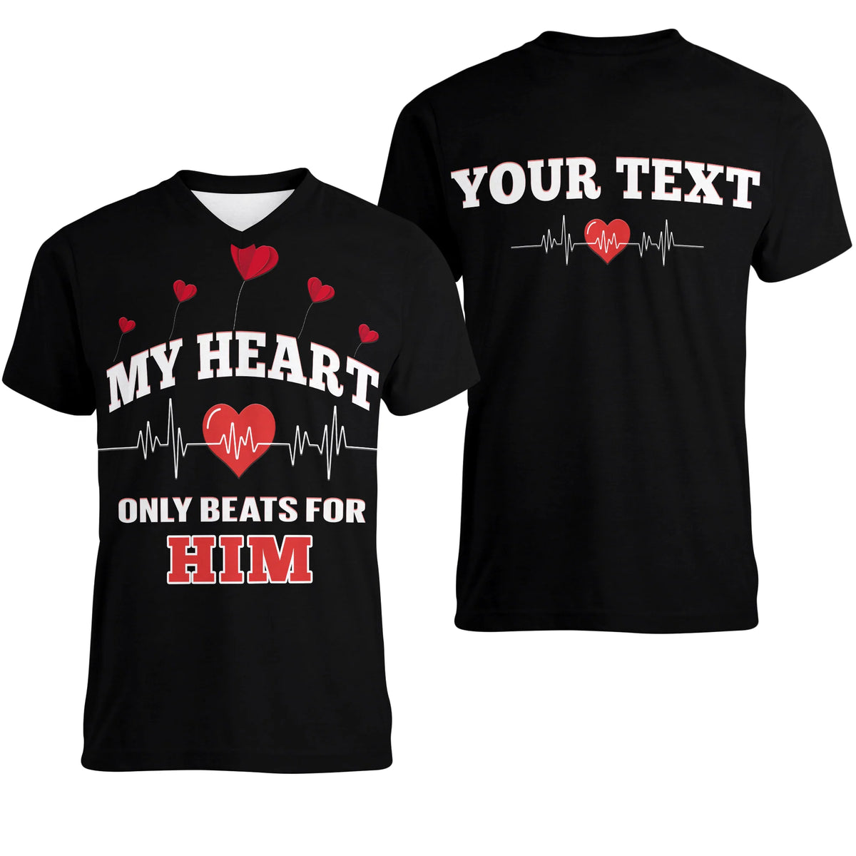 Black V-neck T-shirt with red heart heartbeat graphic and 'HIM' text