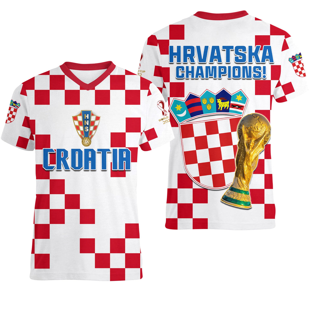 White V-neck football T-shirt with red check pattern, HRVATSKA Champions print