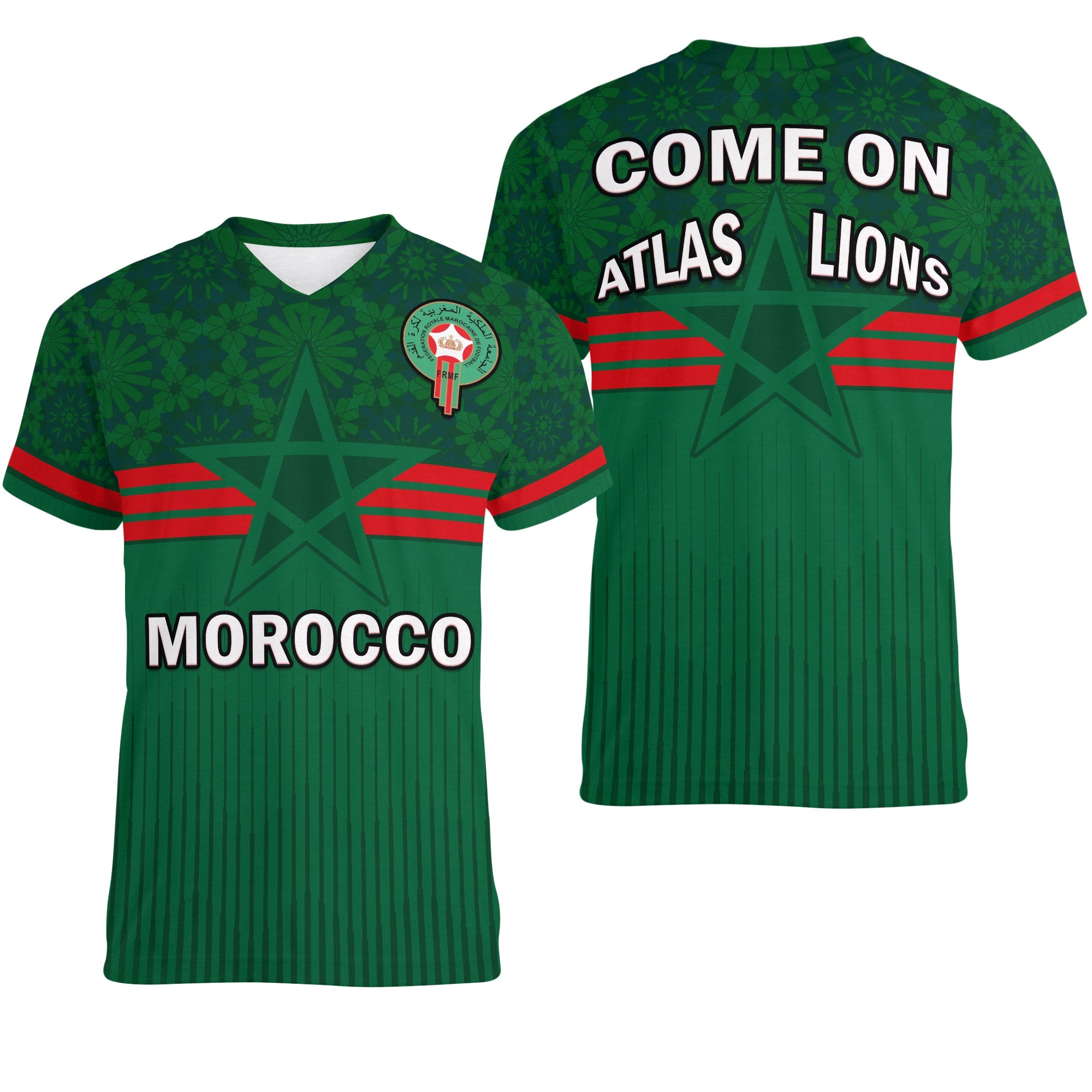 morocco-football-v-neck-t-shirt-world-cup-2022-green-moroccan-pattern