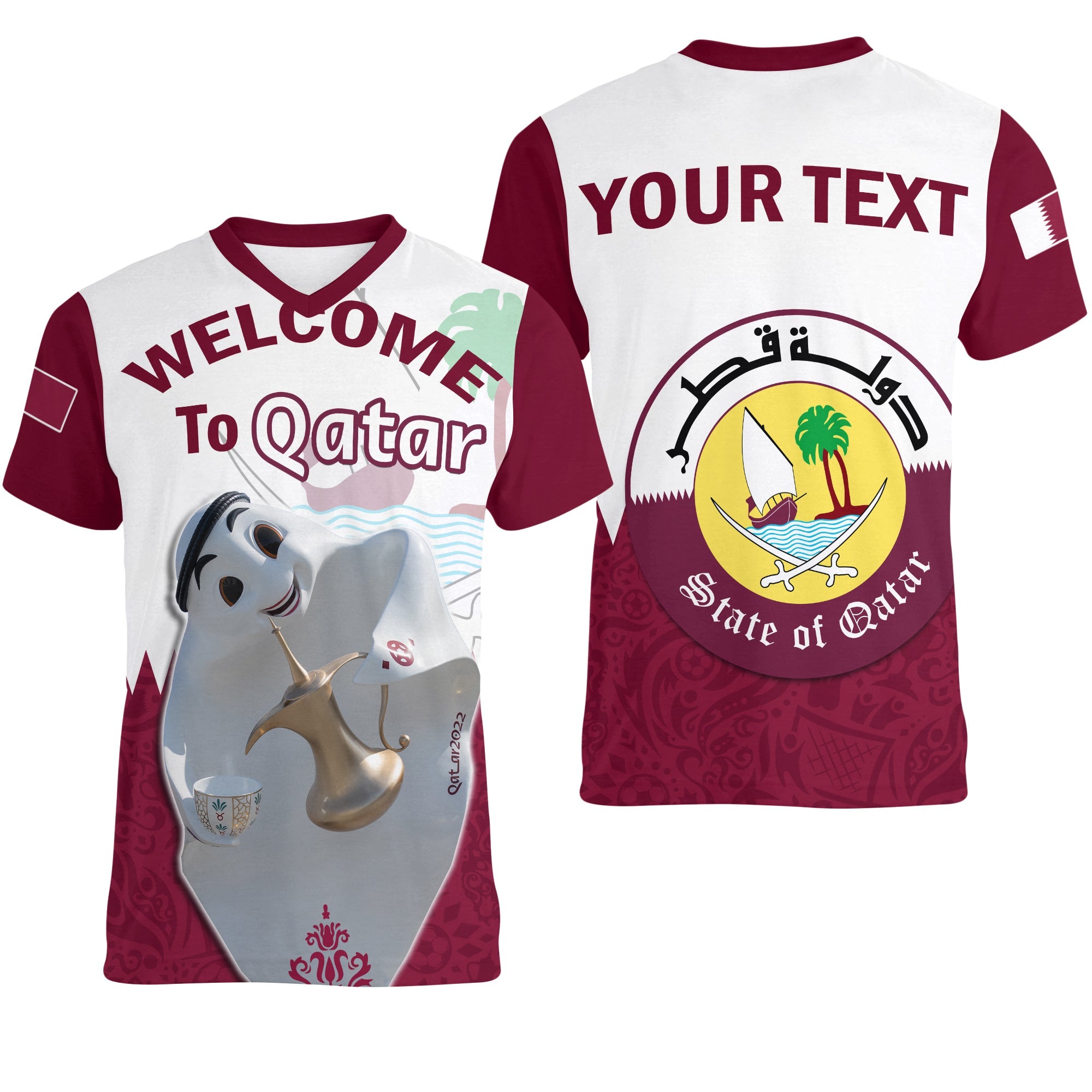 custom-personalised-qatar-v-neck-t-shirt-happy-laeeb-mascot-world-cup-2022-welcome-to-qatari