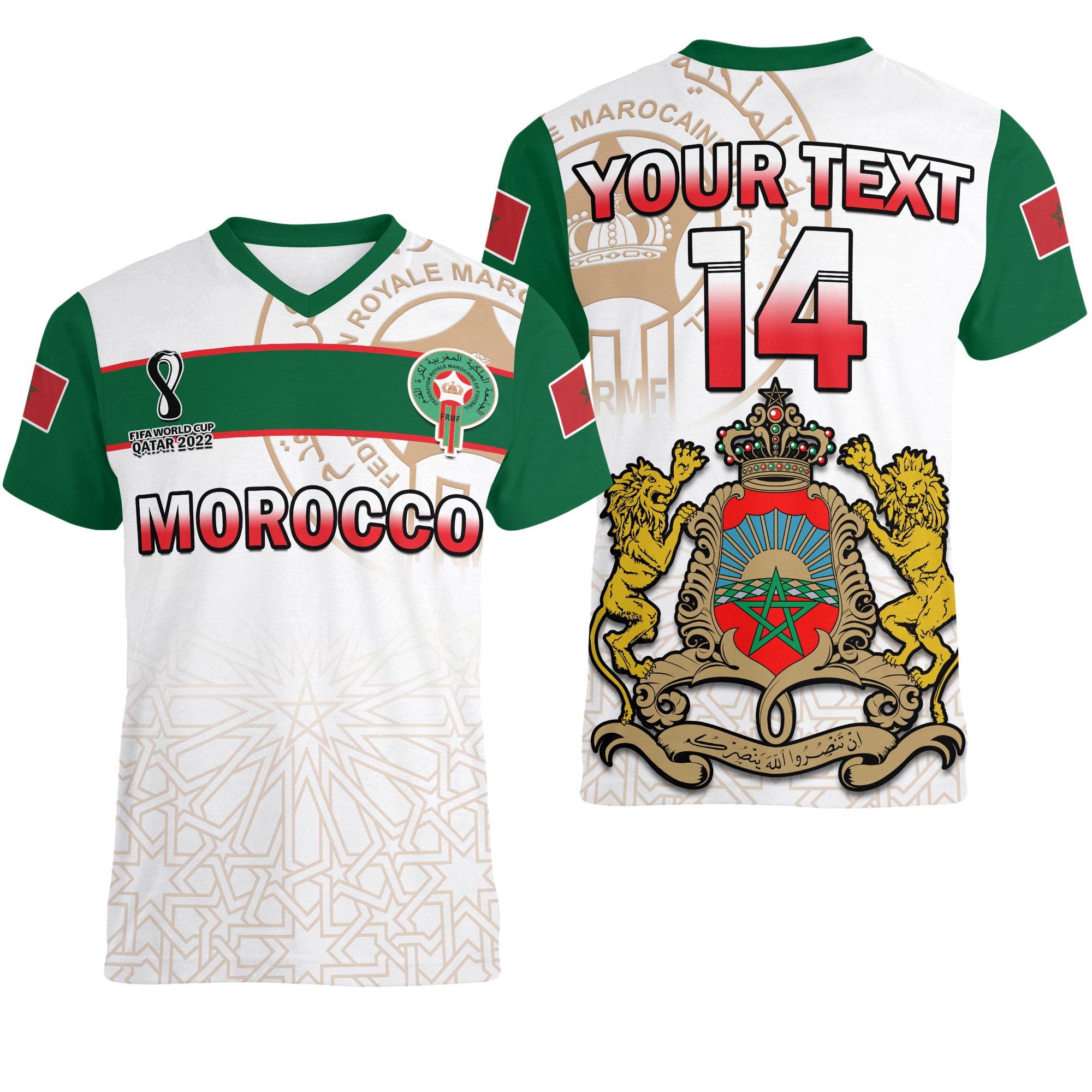 custom-text-and-number-morocco-football-v-neck-t-shirt-atlas-lions-white-world-cup-2022