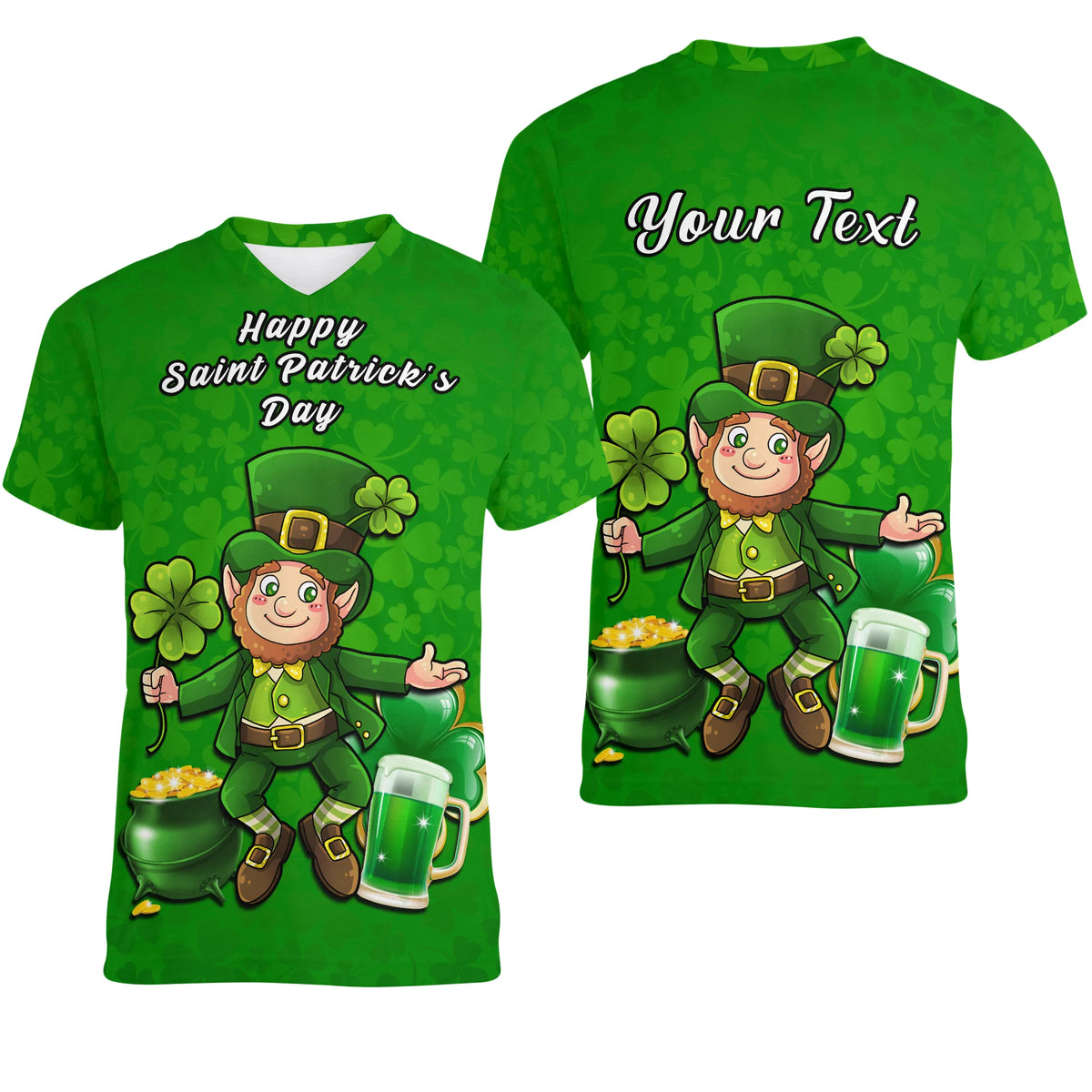Green V-neck T-shirt with leprechaun graphic and 'Happy Saint Patrick's Day' text