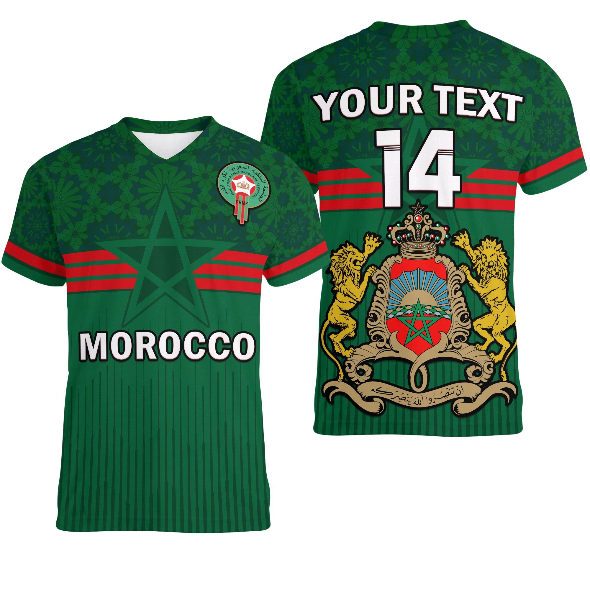 custom-text-and-number-morocco-football-v-neck-t-shirt-world-cup-2022-green-moroccan-pattern