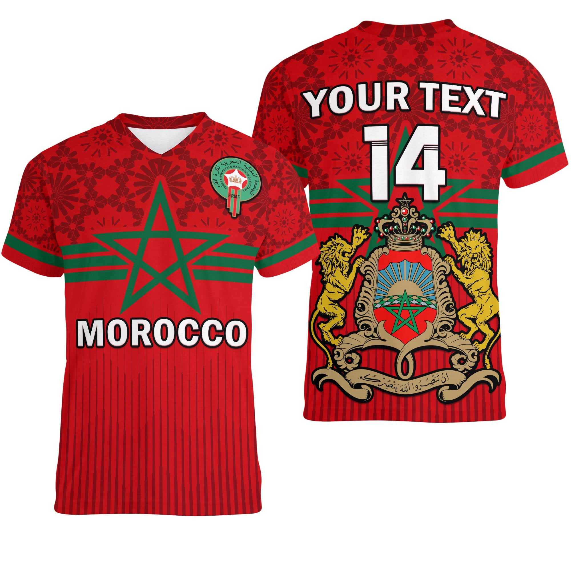 custom-text-and-number-morocco-football-v-neck-t-shirt-world-cup-2022-red-moroccan-pattern