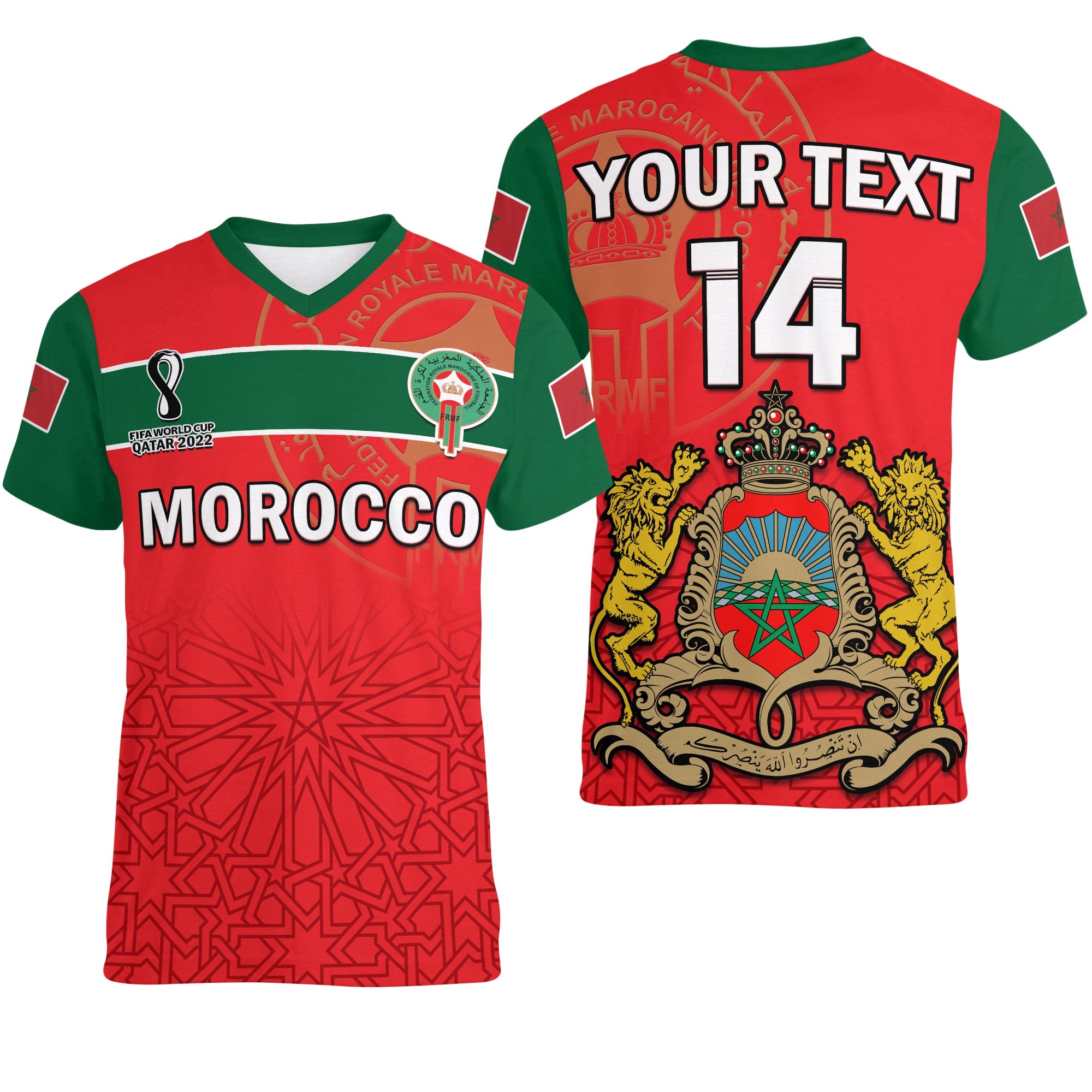 custom-text-and-number-morocco-football-v-neck-t-shirt-atlas-lions-red-world-cup-2022