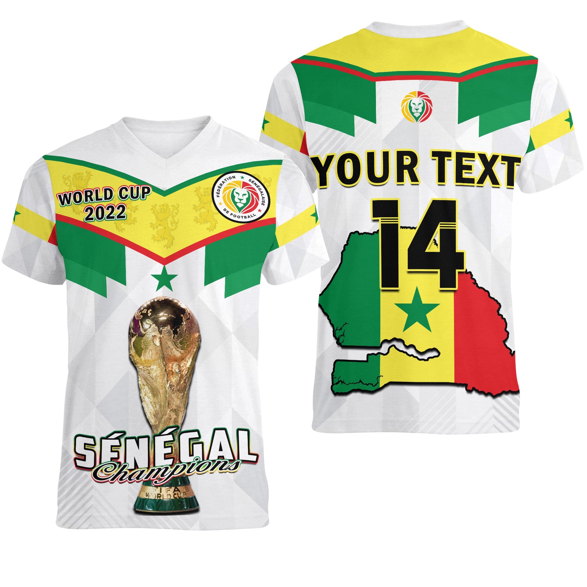 (Custom Text And Number) Senegal Football V-Neck T Shirt Champions WC 2022 - Wonder Print Shop