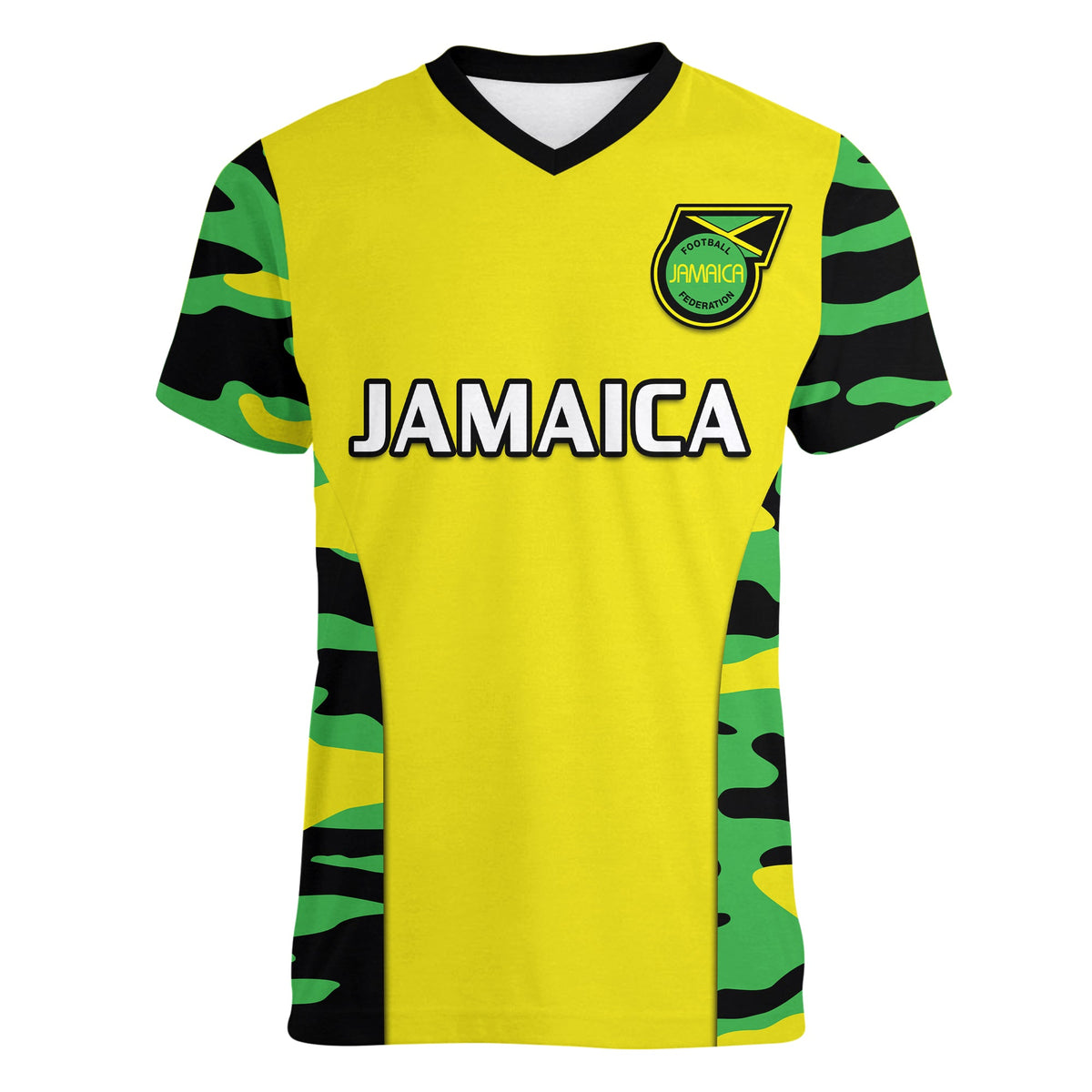 Jamaica V-neck football T-shirt in yellow with black trim, camo sleeves, Jamaica logo