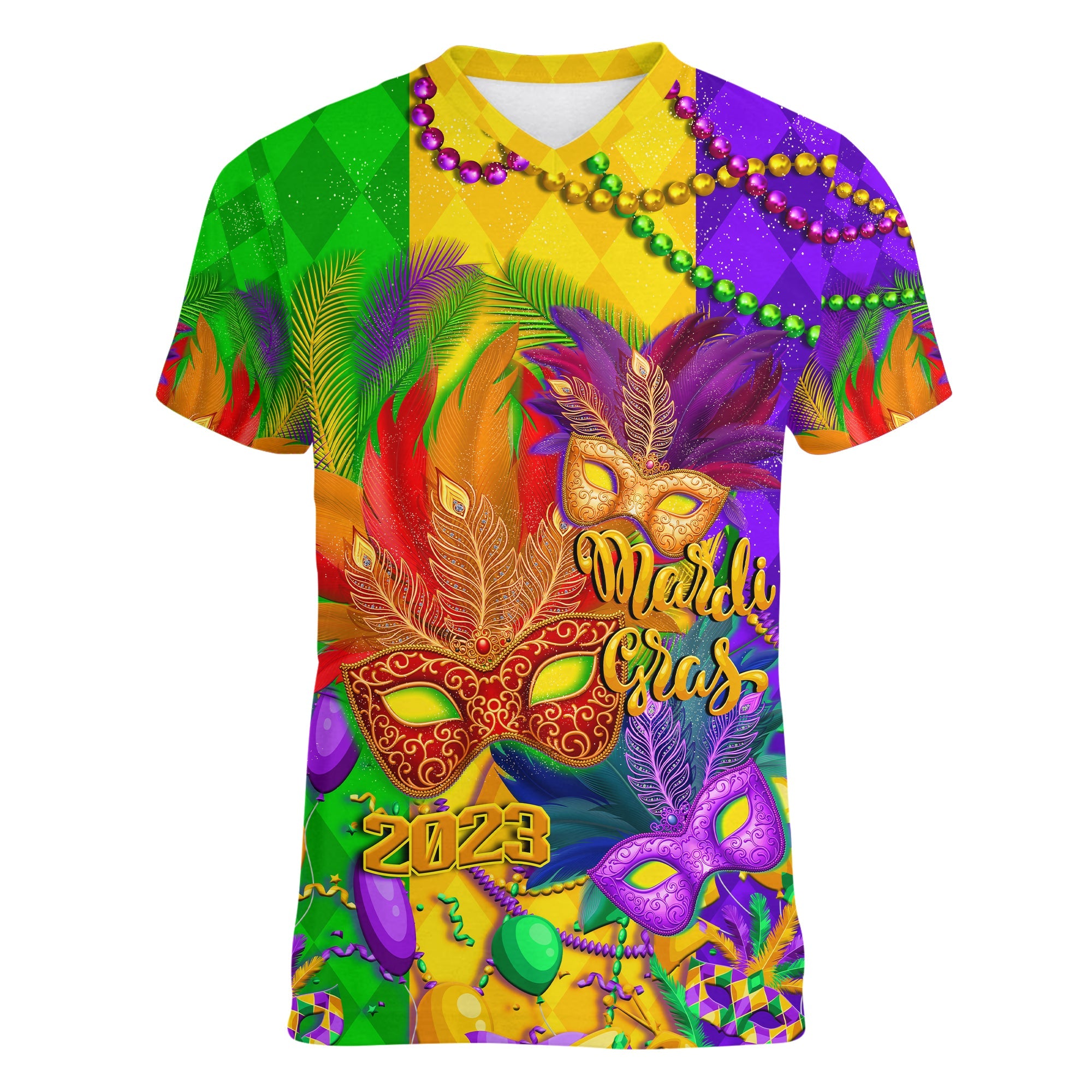 Custom Mardi Gras 2023 V Neck T Shirt Carnival Masks With Feathers - Wonder Print Shop