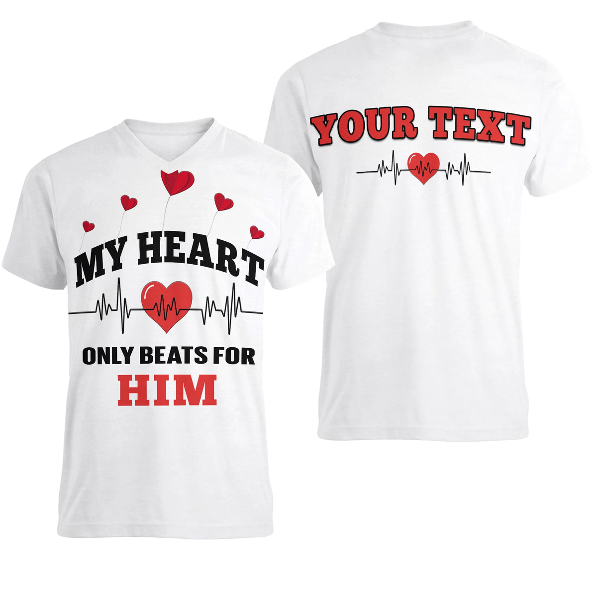 White womens V-neck T-shirt with red heart ECG graphic and slogan