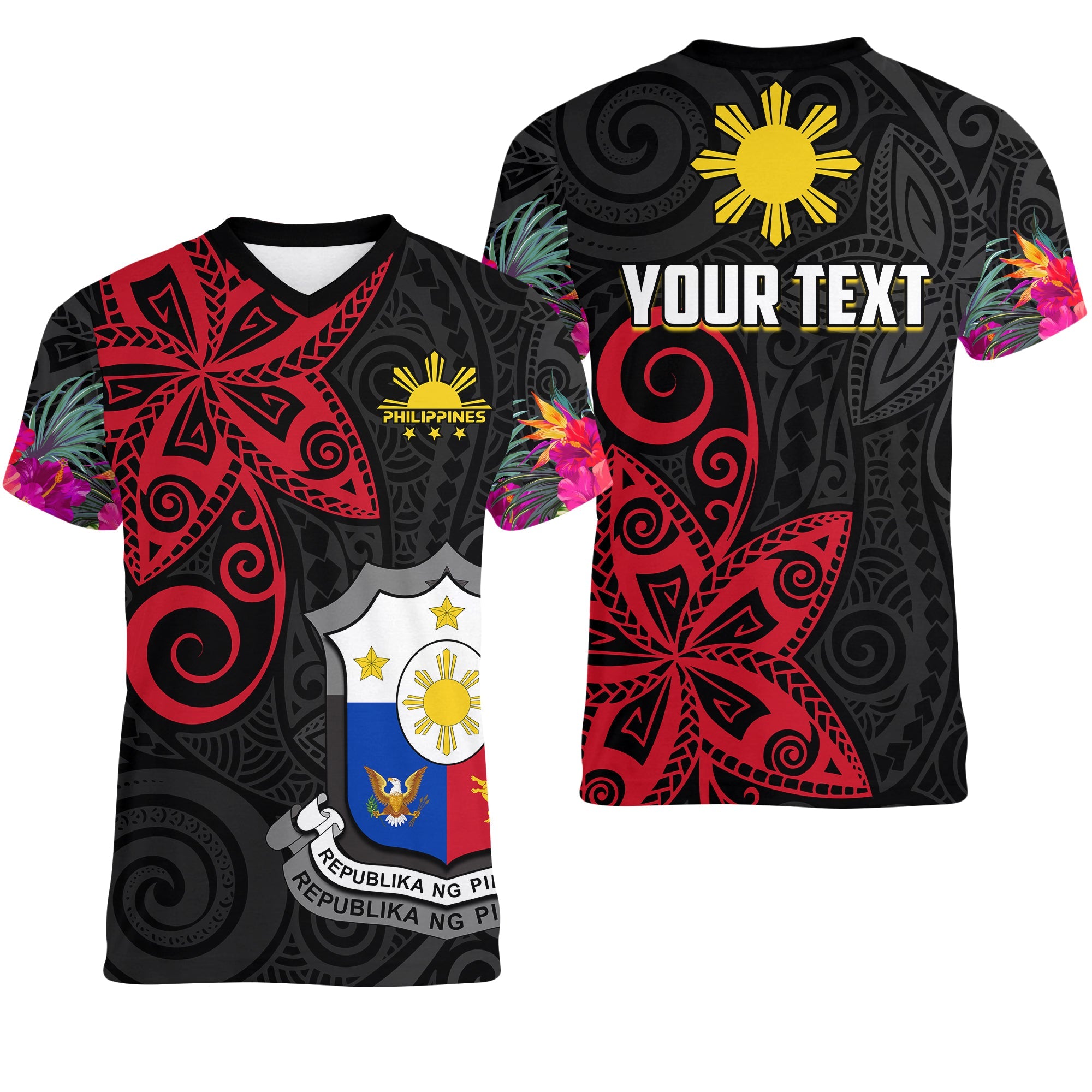 custom-personalised-philippines-v-neck-t-shirt-sun-filipino-polynesian-mix-flowers-black-vibe