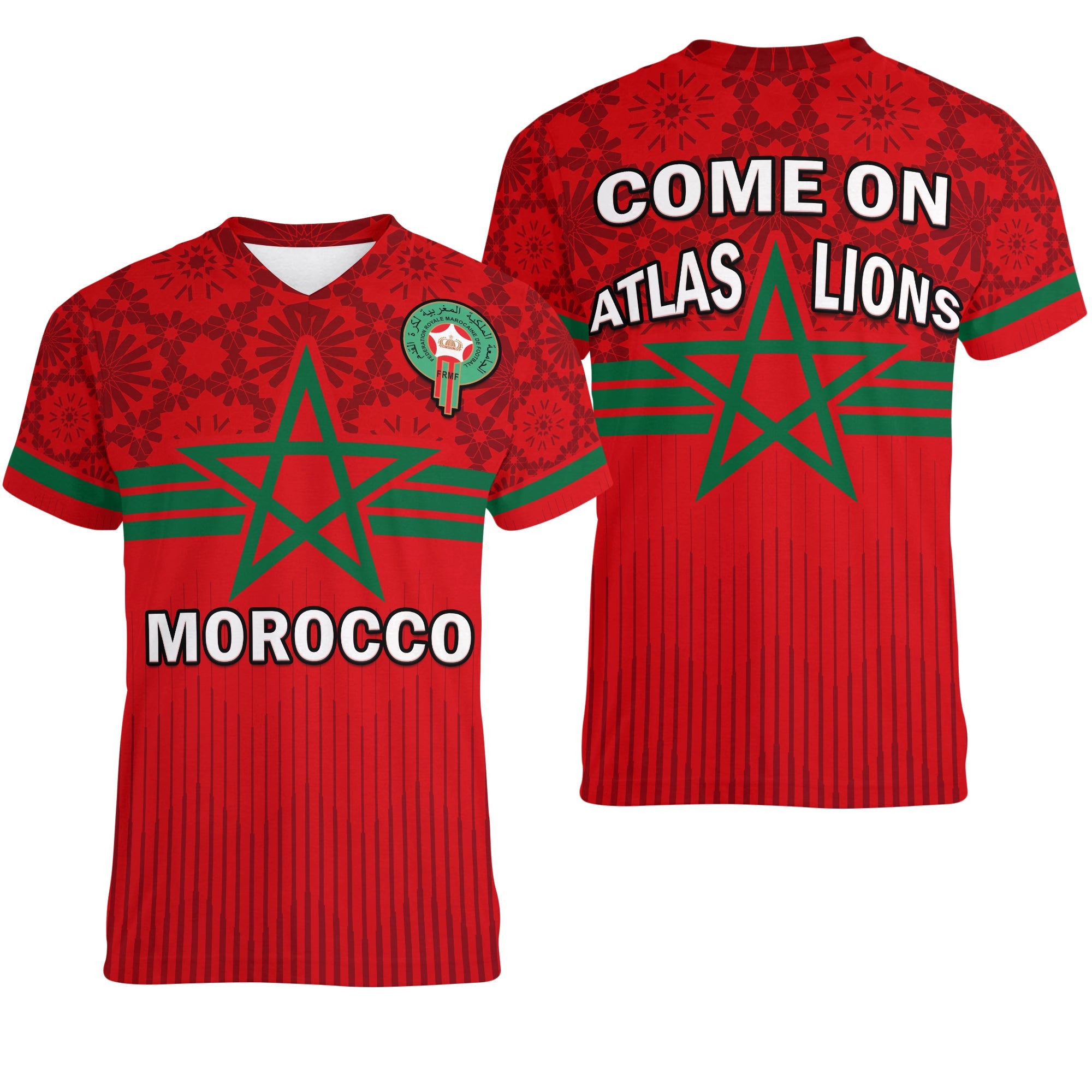 morocco-football-v-neck-t-shirt-world-cup-2022-red-moroccan-pattern