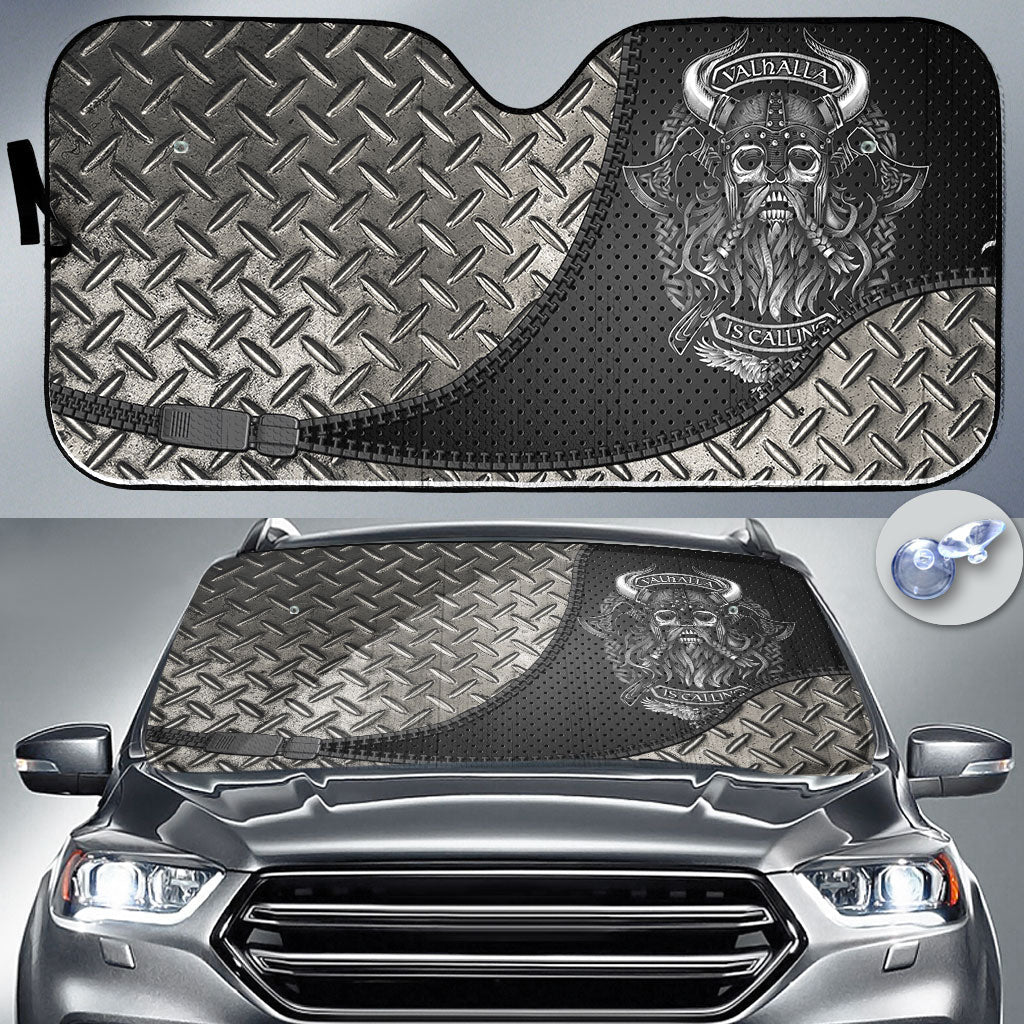 Black auto sun shade with Viking skull graphic and diamond-plate pattern