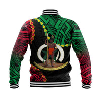 Back view of black unisex varsity jacket with large Vanuatu emblem, ribbed hem and cuffs