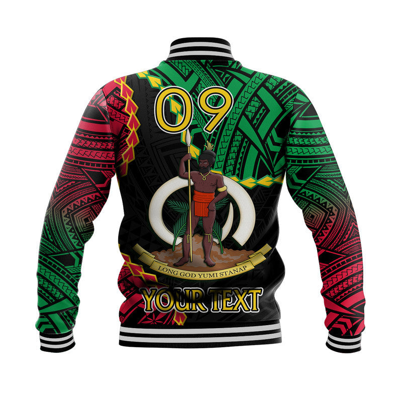 Black Vanuatu baseball jacket back with 09 crest and 'Your Text' print