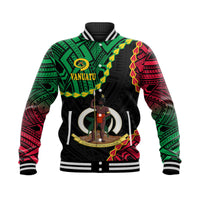 Black unisex varsity baseball jacket with Vanuatu crest graphic, ribbed collar and cuffs