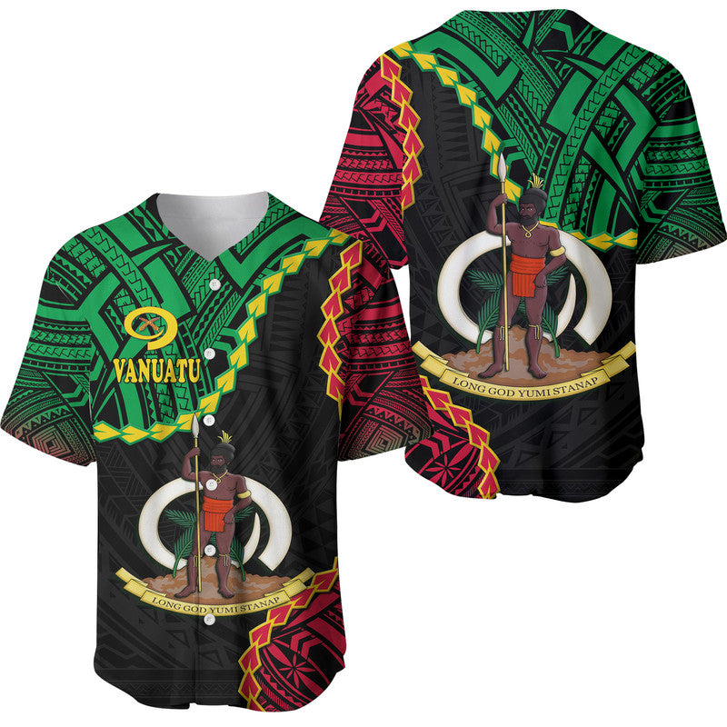 Black baseball jersey with Vanuatu crest, green and red tribal pattern on front and back