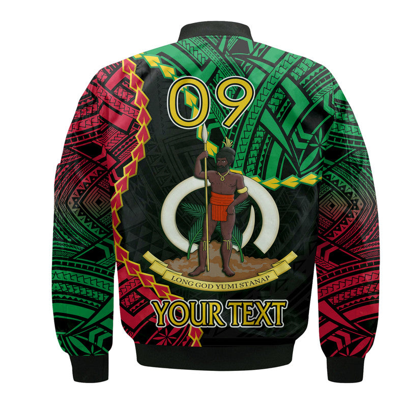 Black bomber jacket back graphic with Vanuatu crest, '09' and custom text