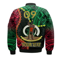 Black bomber jacket back graphic with Vanuatu crest, '09' and custom text