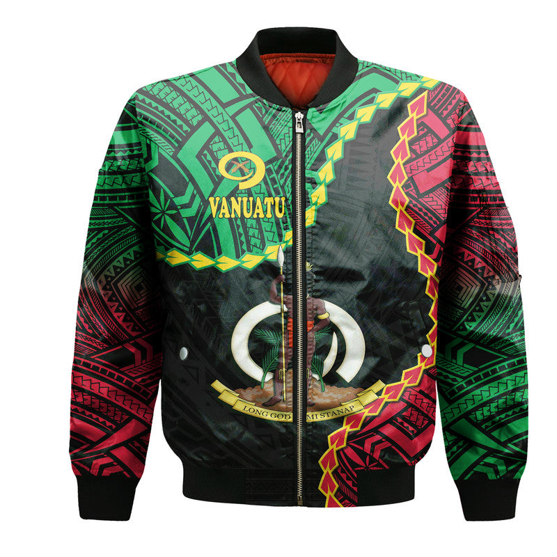 Black bomber jacket with Vanuatu crest and tribal print, full-zip front