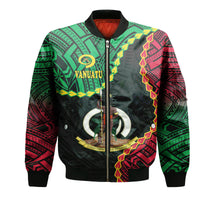 Black bomber jacket with Vanuatu crest and tribal print, full-zip front