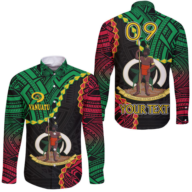 Black long sleeve button shirt with green and red patterned tribal graphic