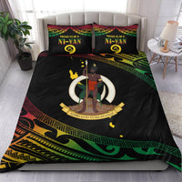 Black Polynesian pattern duvet cover set with two pillows, central warrior and green stripes