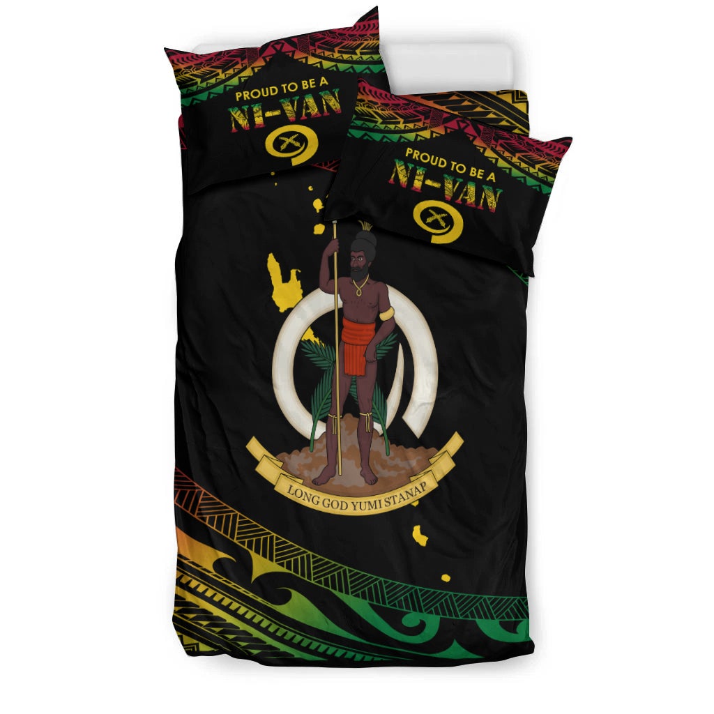 Black duvet and two pillows with warrior illustration and Pride Ni-Van text