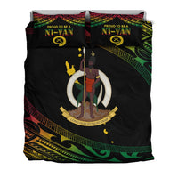 Black bedding set with two pillows and central warrior holding spear, green patterned edge