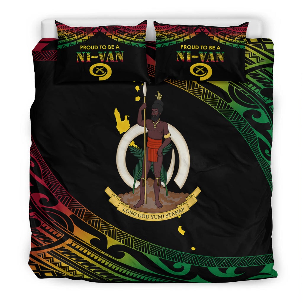 Front view of black duvet cover set with two pillows, Ni-Van emblem and tribal border