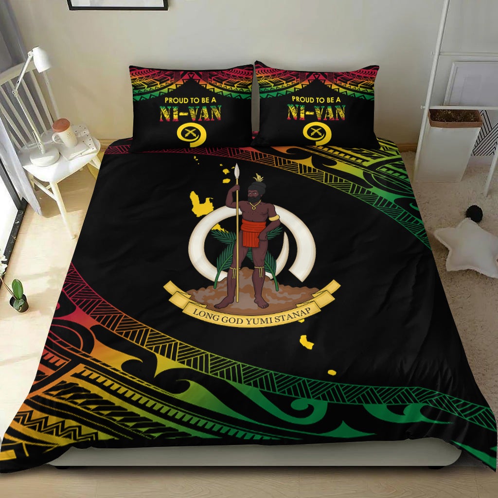 Black duvet cover with two pillows featuring Ni-Van logo and green tribal border
