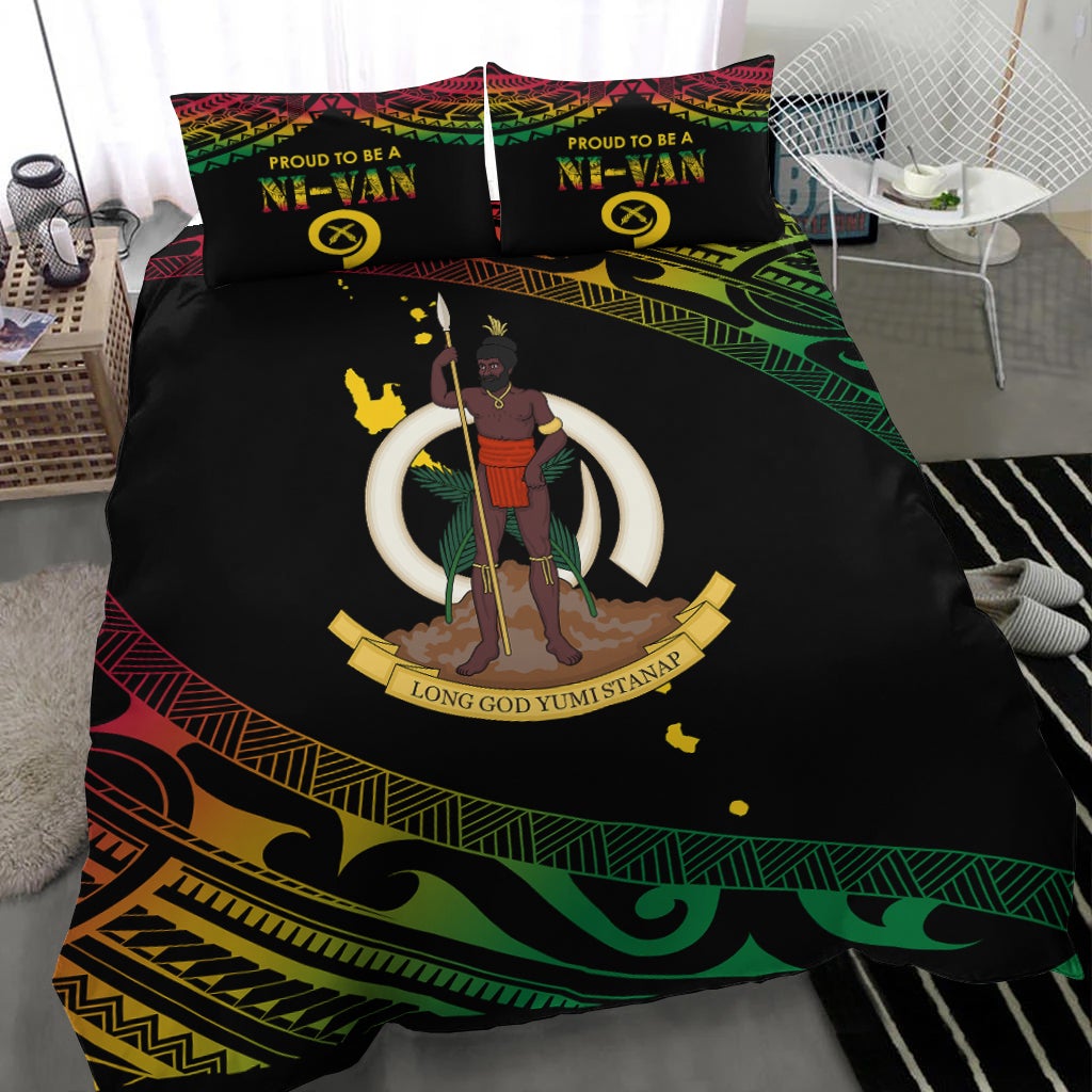 Close view of black duvet cover with warrior graphic, white oval shell and gold banner