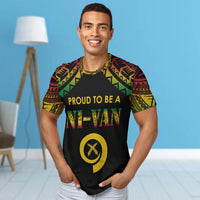Black Vanuatu T-shirt with 'PROUD TO BE A NI VAN' front print and yellow emblem