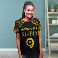 Black Vanuatu T-shirt with patterned sleeves and yellow 'PROUD TO BE A' graphic