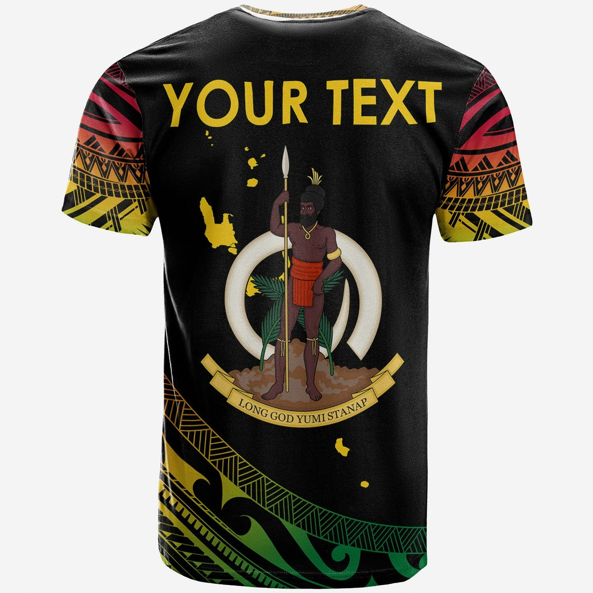 Black T-shirt back: 'YOUR TEXT' with warrior illustration and Vanuatu banner text