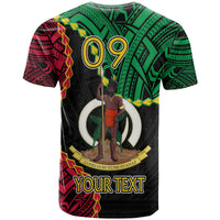 Graphic T-shirt with Vanuatu crest and large 'YOUR TEXT' print, black with green and red