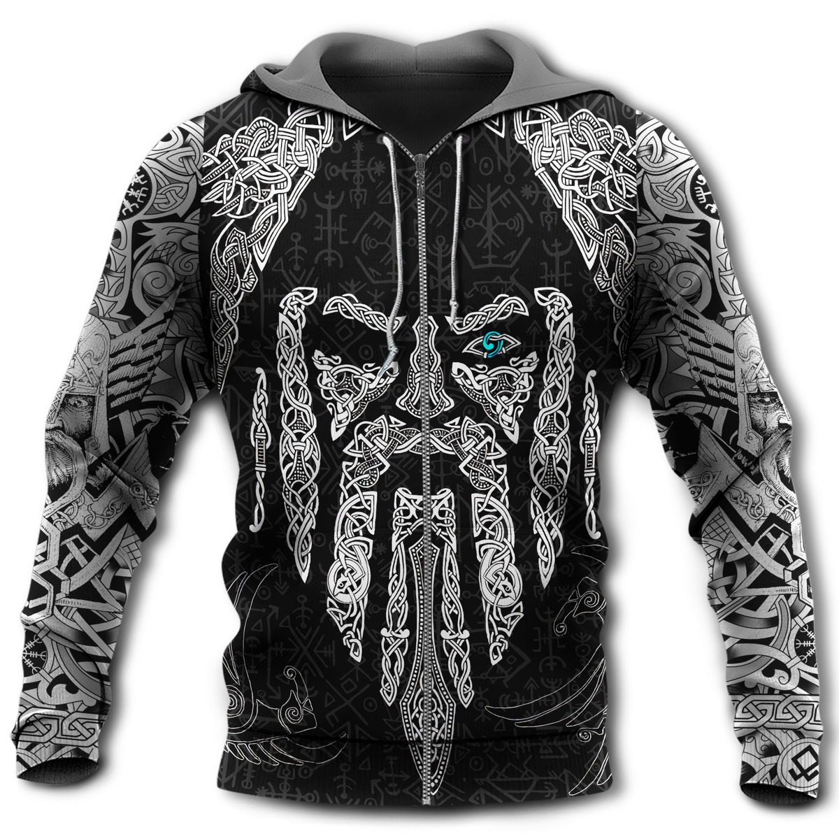 Black pullover hoodie with bold chain and bird face graphic on front, full sleeves