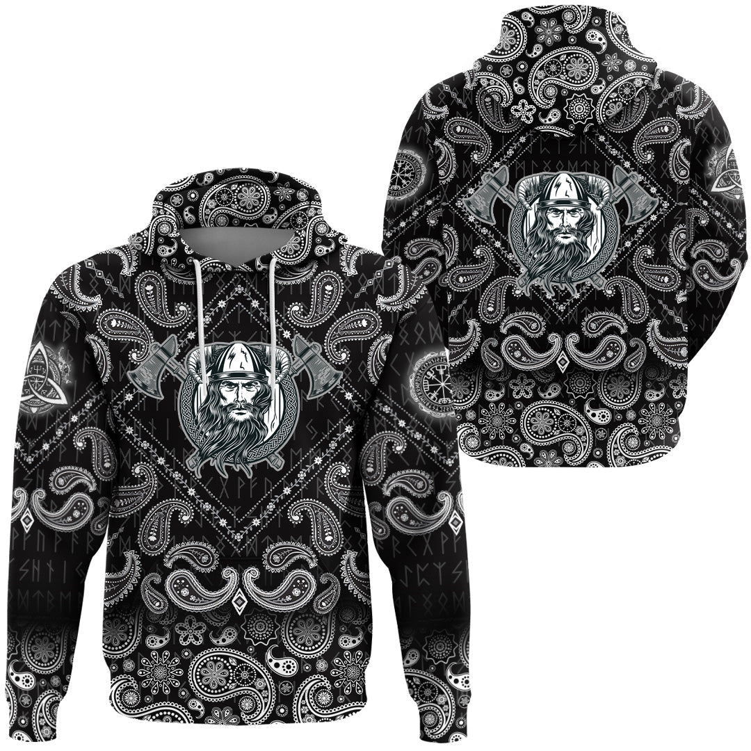 Viking Hoodie Vikings Head In Horned Helmet and Axes with Bandana Paisley Style RLT12 - Wonder Print Shop