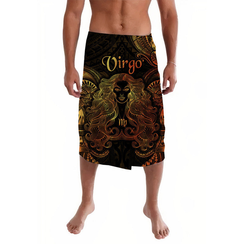 Black lavalava sarong with gold Virgo zodiac and Polynesian face graphic, knee length