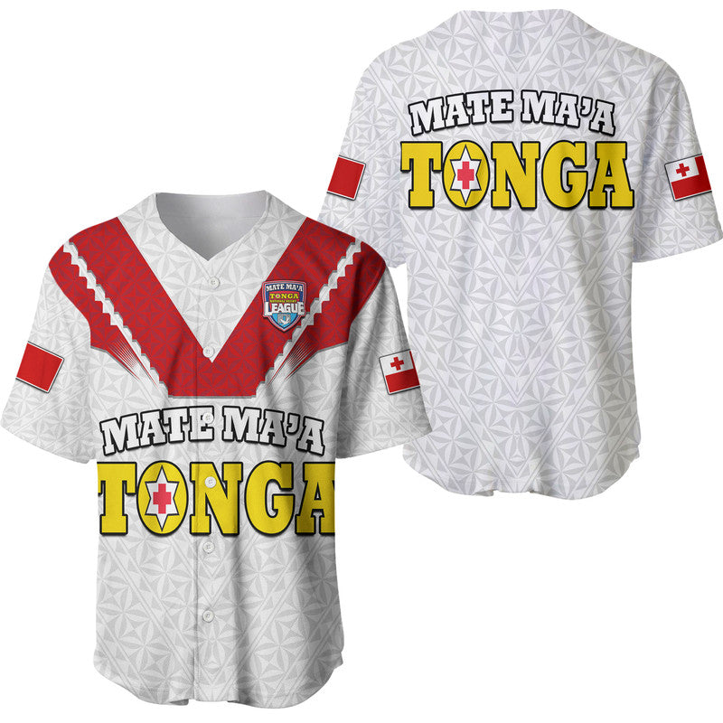 White rugby baseball jersey with red V panels and large Tongan logo graphic, short sleeves