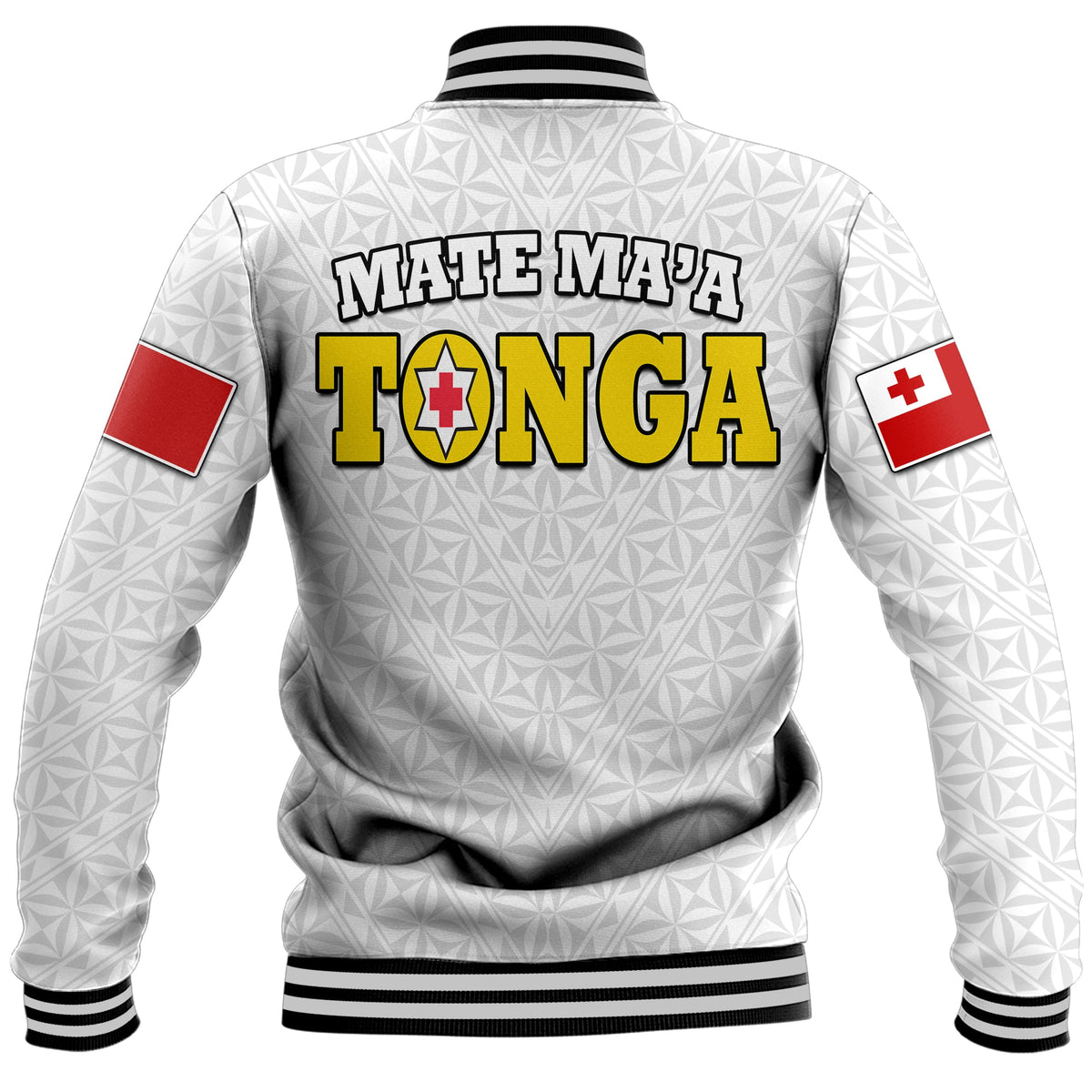 Back view of white rugby baseball jacket with Mate Ma'a Tonga text logo, red sleeve patch
