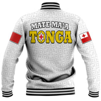 Back view of white rugby baseball jacket with Mate Ma'a Tonga text logo, red sleeve patch