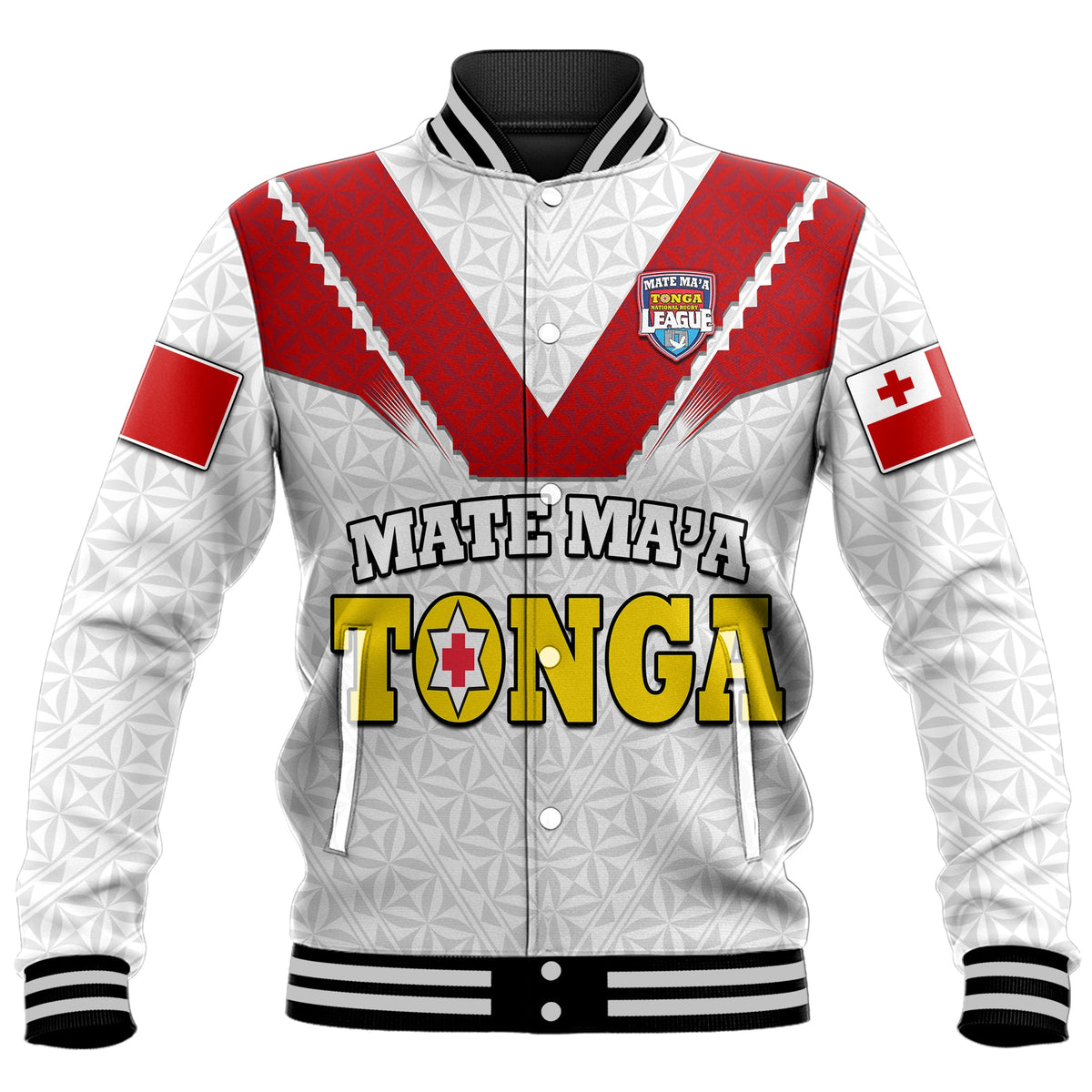 White baseball jacket with red V yoke, black striped cuffs, front team logo patch