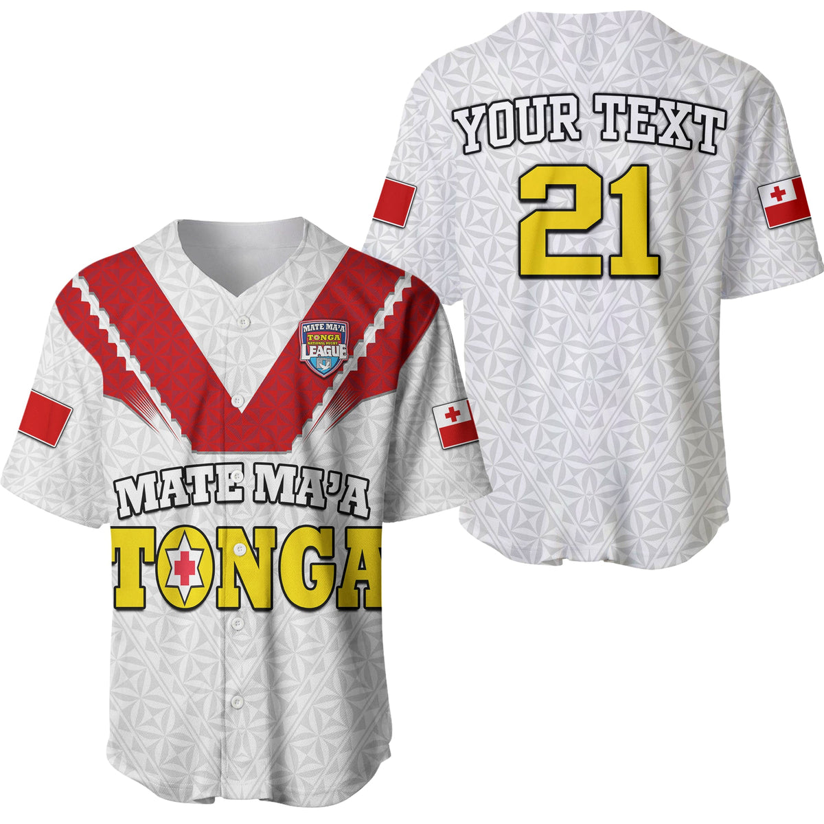 White rugby baseball jersey, red trim, Mate Ma'a Tonga print and 21 on back